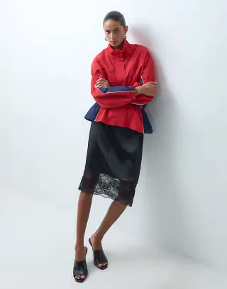 ASOS DESIGN satin 90's slip midi skirt in black with lace trim