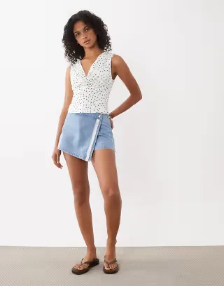 Miss Selfridge denim wrap skort with broderie trim in mid wash