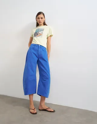Topshop mid rise crop barrel jeans in cobalt blue
