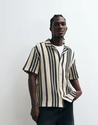 ASOS DESIGN relaxed revere crochet striped shirt in black and natural