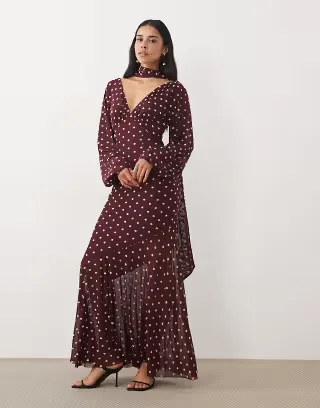 Pretty Lavish chiffon v neck scarf detail long sleeve maxi dress in wine polka dot print