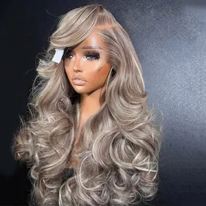 13x6 Lace Front Wigs - Ash Blonde Highlight Body Wave Human Hair - Pre-Plucked 13x4 HD Transparent Lace Frontal Glueless