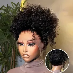 Glueless 250 Density HD Invisi Strap 360 Full Lace Frontal Kinky Curly Wig 30 Inch Black Human Hair Drawstring Water Wav