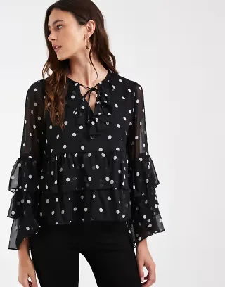 ONLY sheer blouse with ruffles details in black polka dots