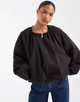 ASOS DESIGN Petite cropped bubble hem nylon bomber jacket in chocolate