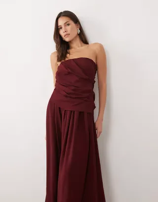 ASOS DESIGN drape front bandeau midi dress in dark red