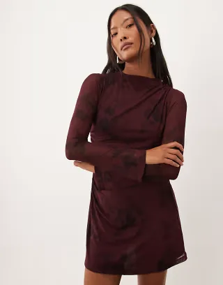 Nobody's Child Petite Kiera mesh boat neck mini dress in burgundy floral