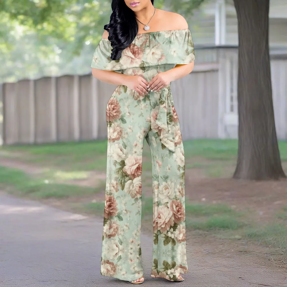 Tropical Leaf Print Off Shoulder Jumpsuit Women Vacation Style Wide Leg Loose Romper