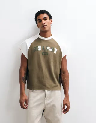 ASOS DESIGN boxy oversized raglan t-shirt with print in khaki and cream seersucker