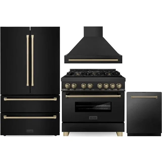 ZLINE Autograph Edition Kitchen Package with Black Stainless Steel Dual Fuel Range, Range Hood, Dishwasher and Refrigera