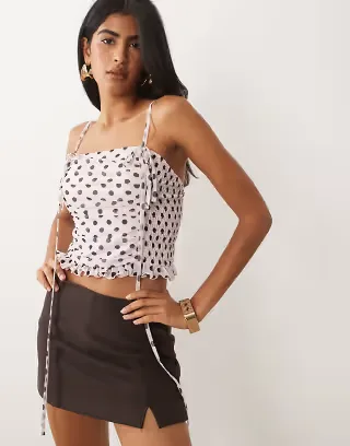 ASOS DESIGN shirred mesh lace trim cami in pink and brown polka dot