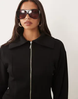 ASOS DESIGN zip through oversized collar jacket set in black