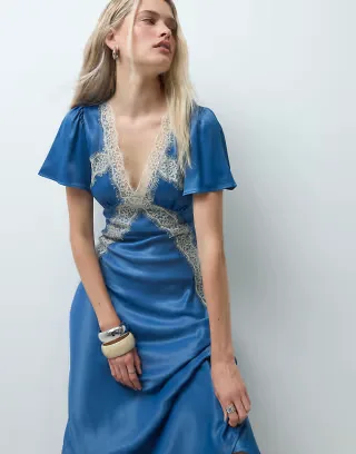 Reclaimed Vintage satin maxi tea dress with lace trim in navy