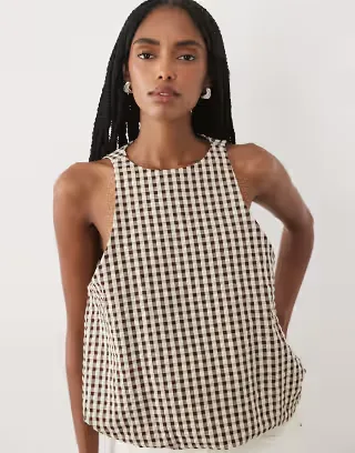 ASOS DESIGN bubble hem halter neck top in brown gingham - part of a set