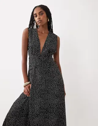 VILA ruched waist deep v neck maxi dress in black and white polka dot print