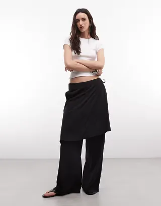 ASOS DESIGN straight leg pants with skirt detail in black