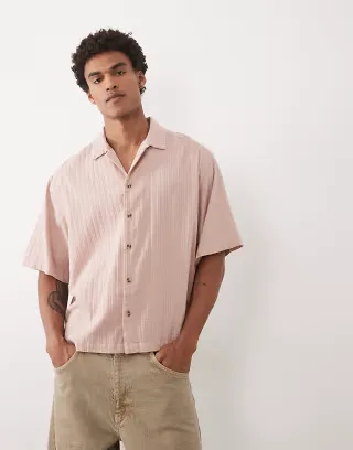 ASOS DESIGN boxy oversized revere textured shirt in pink