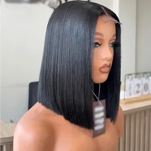 Glueless Human Hair Short Bob Wig - Pre-Cut Straight Lace Front Wig for Women - Ready to Wear Synthetic Blend