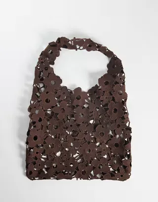 PIECES floral lace slouchy bag in chocolate brown