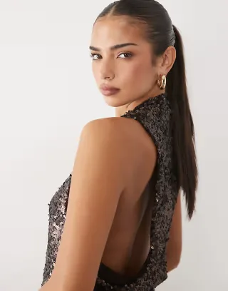 ASOS DESIGN draped sequin deep racer back top in chocolate