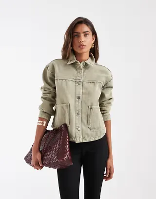 JDY boxy denim jacket with front pockets in washed khaki