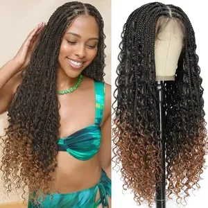 Curly Wigs Human Hair Box Braids Wig with Baby Hair - Boho Goddess Deep Wave Glueless Synthetic Blend Braided Wig for Wo