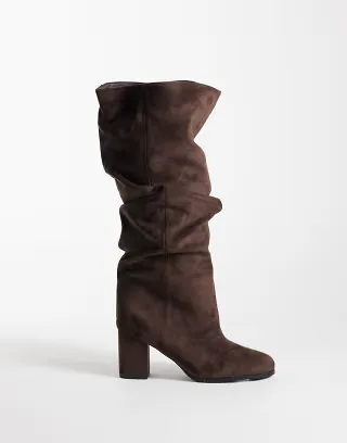 Simmi London Wide Fit Maggie ruched knee boots in brown suedette