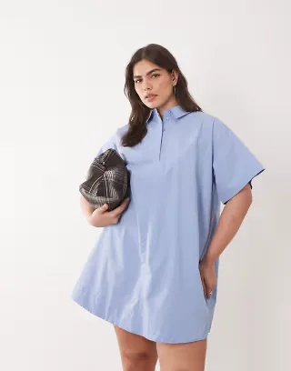 ASOS DESIGN Curve poplin relaxed short sleeve mini dress in dusky blue