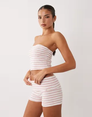 Bo+Tee foldover mini shorts in pink striped print - part of a set
