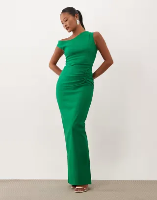 Vesper Petite bengaline off shoulder ruched front maxi dress in emerald green