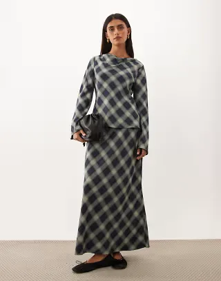 Nobody's Child Cruz satin cowl detail top & bias maxi skirt set in blue check