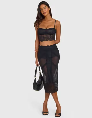 Oh Polly sheer lace cardigan, cami top and midi skirt set in black