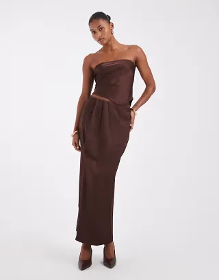 Noisy May satin maxi skirt set in chocolate brown
