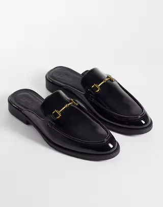 ASOS DESIGN mule loafers with snaffle in crinkled black patent