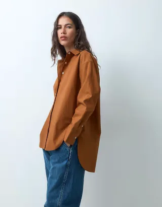 ASOS DESIGN dipped hem oversized shirt in caramel