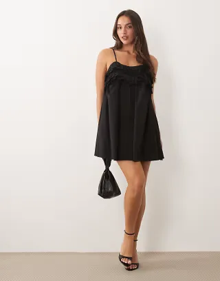 Fashionkilla Exclusive cotton rich poplin ruffle hem cami top babydoll mini dress in black