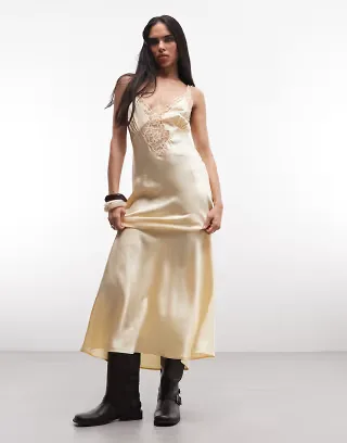 Reclaimed Vintage maxi tea dress with lace inserts in yellow