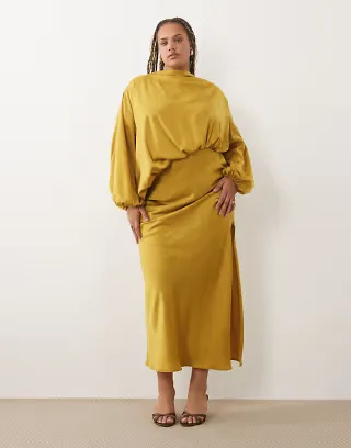 ASOS DESIGN Curve asymmetric bodice midaxi dress with blouson sleeves in olive green