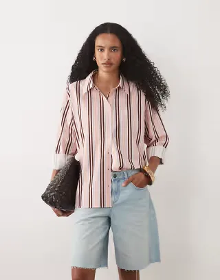 ASOS DESIGN stripe oversized shirt in pink stripe