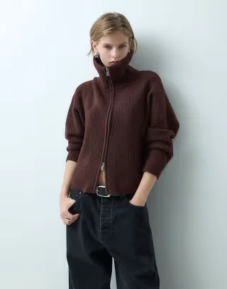 Miss Selfridge chunky rib knit zip batwing cardigan in chocolate