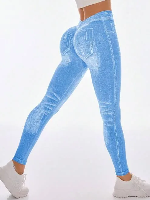Blue Denim Effect Print High Waist Yoga Leggings Women's Gym Casual Fitness Sports Activewear Pants All Season,M