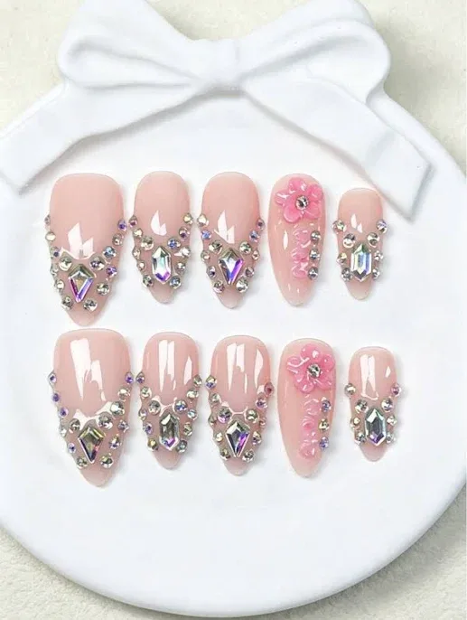 Silver Pink 3D Flower Bling Rhinestone French Almond Press On Nails 10pcs Handmade Reusable Acrylic Fake Nails Summer Y2