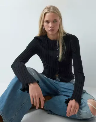 ASOS DESIGN wide rib knit frill cuff and hem cardigan in yellow