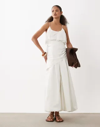 ASOS DESIGN cami scoop ruched bubble hem scarf detail midi dress in stone