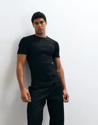 ASOS DESIGN dressy muscle fit t-shirt in black rib knit