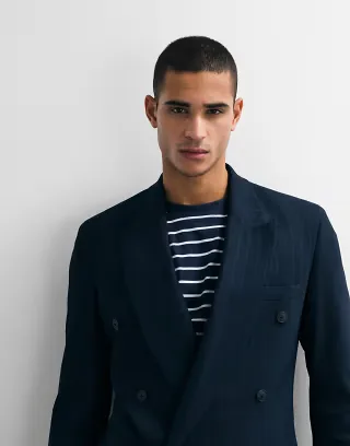 ASOS DESIGN slim double breasted suit jacket in navy pinstripe