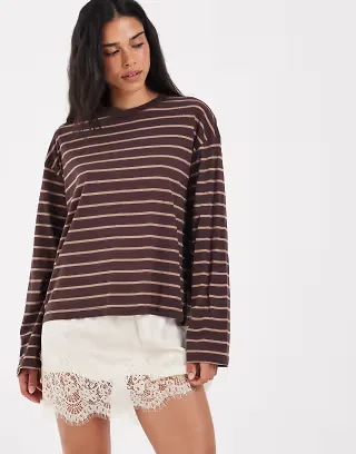 ONLY o-neck long sleeve top in brown stripes