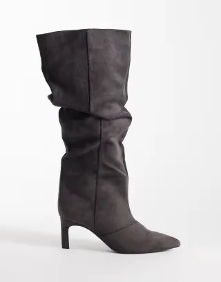 SEQWL Benz faux suede slouchy knee high kitten heel boots in dark gray