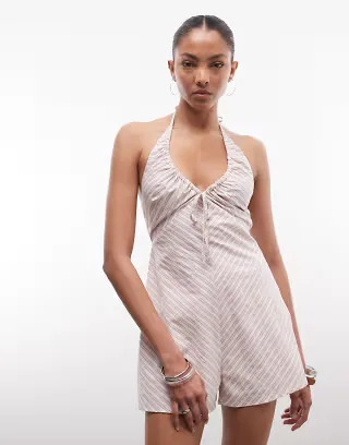 Daisy Street v neck tie front romper in pink stripe