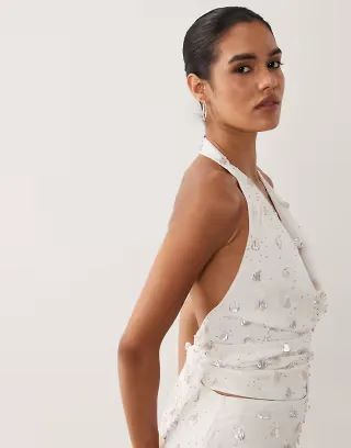 ASOS DESIGN embellished detail halter top in white - part of a set